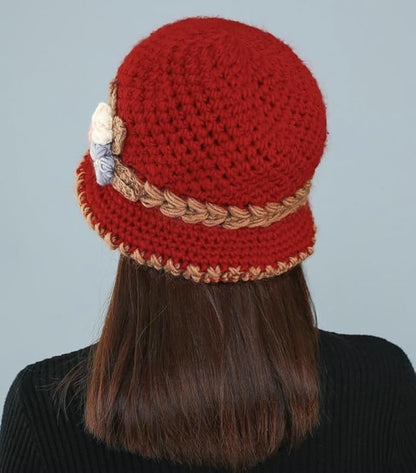 Flower Knit Crochet Fuzzy Bucket Hat Women Winter Warm Beanies Hat Furry Plush Faux Fur Fishing Skull Cap Fishman Hats