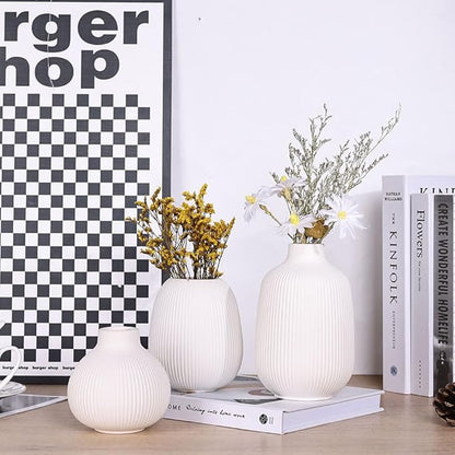 White Ceramic Vase Set of 3, Minimalist Decor, Home Decorative Vase,Modern Ribbed Vases, Vases for Kitchen, Bedroom, Office, Living Room, Bathroom, & Shelf Centerpiece Table Decorations