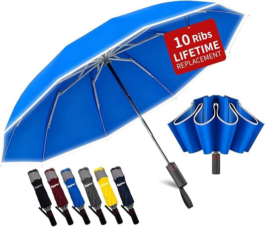4-in-1 Inverted Travel Umbrella Compact, Automatic Large Umbrellas for Rain & Sun, Portable Windproof Umbrella for Backpack, Reverse Folding Umbrella for UV with Reflective Strips,Lightweight
