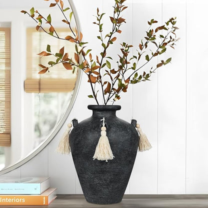 9.4" Large Black Ceramic Vase for Centerpieces - Rustic Farmhouse Vase with 4 Ears & Tassels, Terracotta Vintage Flower Vases for Table, Desk, Living Room, Bedroom, Entryway, Holiday & Weddings Decor