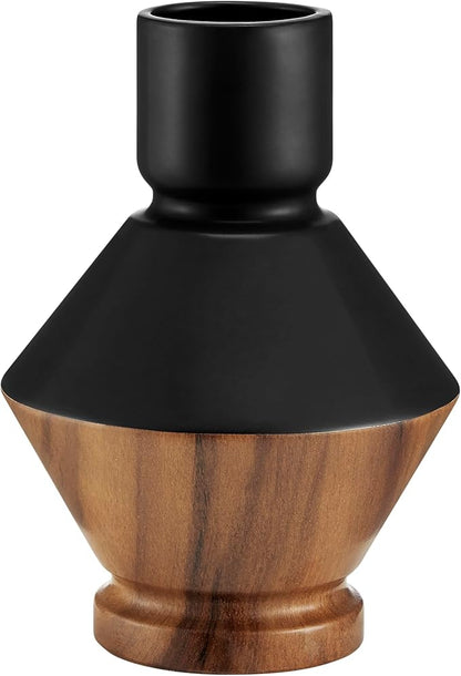 Milo Diamant Revese Hourglass Modern Two Tone Tabletop Vase - Black and Walnut