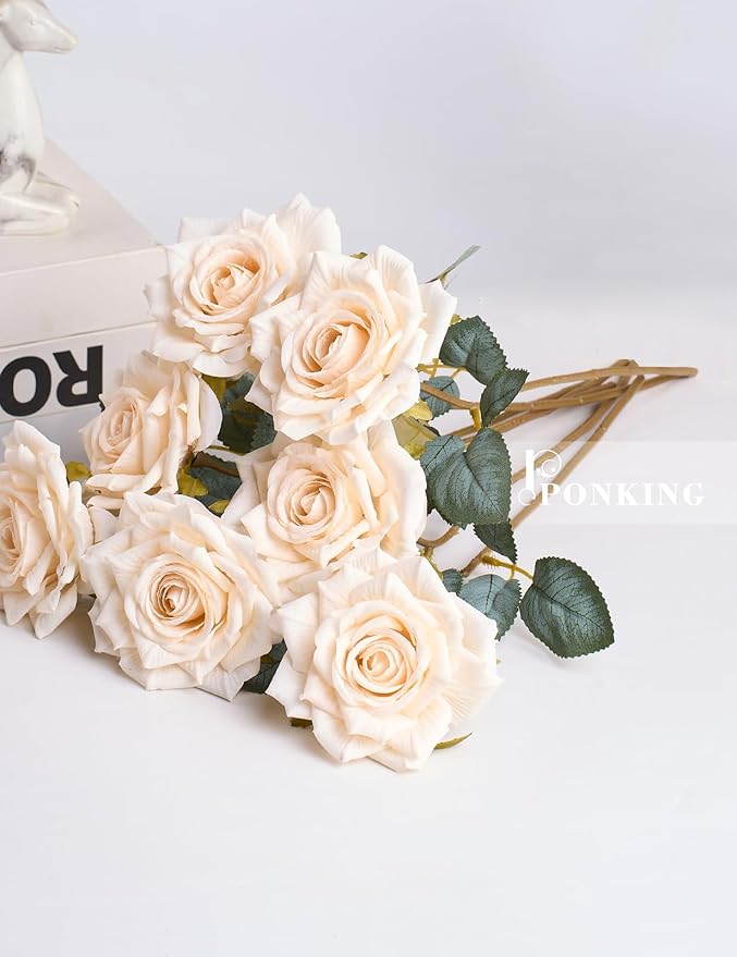 3.1"(8cm) Manta Rose Artificial Flower 7pcs Realistic Faux Silk Roses Fake Flowers Bouquets Arrangements Decor for Wedding Spring Mother's Day, Home Table Decorations, Beige Flower