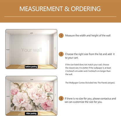 Pink Floral Wallpaper Large Peony Flowers Wall Mural for Girls Room Bedroom（Not Peel and Stick）