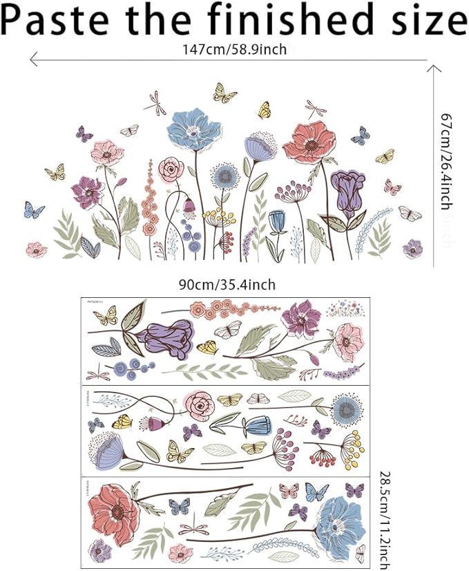 Flower Wall Decals Wildflower Grass Wall Stickers Vintage Floral Butterflies Dragonfly Wall Art Sticker Peel and Stick Bedroom Nursery Wall Decor