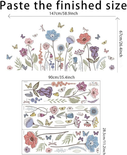 Flower Wall Decals Wildflower Grass Wall Stickers Vintage Floral Butterflies Dragonfly Wall Art Sticker Peel and Stick Bedroom Nursery Wall Decor