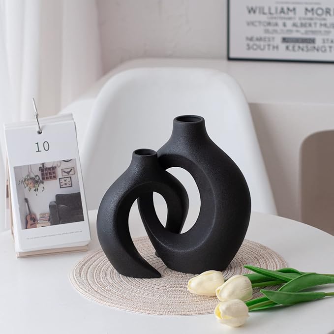 Black Vases Home Decor Set of 2, Ceramic Black Small Flower Vase, Minimalist Boho Decorative Modern Donut Vase for Farmhouse Living Dining Room Office Entryway Bookshelf Coffee Table Décor