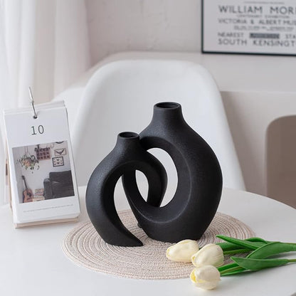 Black Vases Home Decor Set of 2, Ceramic Black Small Flower Vase, Minimalist Boho Decorative Modern Donut Vase for Farmhouse Living Dining Room Office Entryway Bookshelf Coffee Table Décor