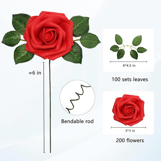 JOYLEX Artificial Flowers Realistic Roses, Real Looking Fake Roses with Stem for DIY Wedding Bouquets Centerpieces Bridal Shower Party Home Romantic Decorations (Red, Regular 3" - 200pcs)