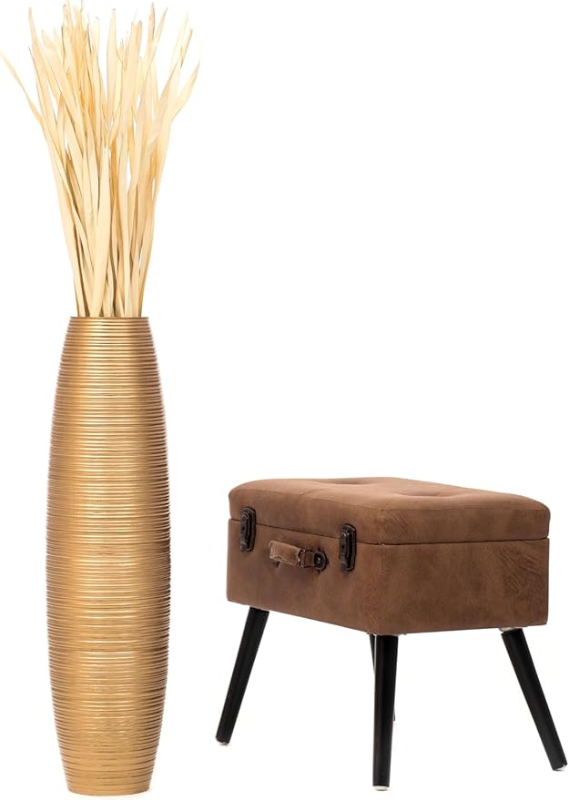 Leewadee Large Gold Home Decor Floor Vase - Wooden 26 inch Tall Farmhouse Decor Flower Holder for Fake Plant and Pampas Grass