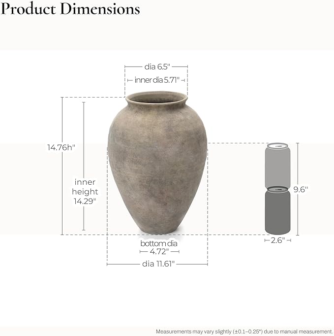 LuxenHome Rustic Ceramic Vase, 14.8" Tall Terracotta Pot with Earthy Gray-Brown Finish, Vintage Decorative Vase for Shelf Dining Table Decor, Farmhouse Pottery for Living Room Home Decor