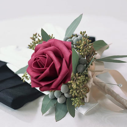 Artificial Roses Flowers 100pcs Wine Red Real Looking Foam Fake Roses with Stems for DIY Wedding Bouquets Bridal Shower Centerpieces Party Decorations (100, Wine Red)