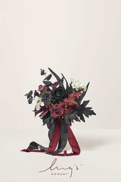 Ling's moment Artificial Flowers Gothic Bridesmaid Bouquet Set of 6, Burgundy and Black Bridal Bouquets for Bridesmaids, 7 Inch Wedding Flowers Bouquets for Wedding, Ceremony, Anniversary, etc