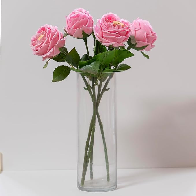 Fake Flowers for Decoration Home Decor Real Touch Artificial Flowers Austin Rose Peony Latex Fake Flower Living Room Decoration Vivid Pink Roses Peonies (Pink 4pcs)