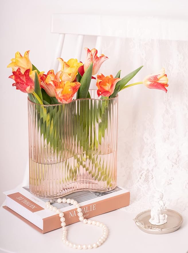 Glass Vase for Centerpieces,Modern Large Vase for Flowers,Footprint Shape Striped Bottle for Home,Office Restaurant Desk Decor 8.3 Inch(Pink)