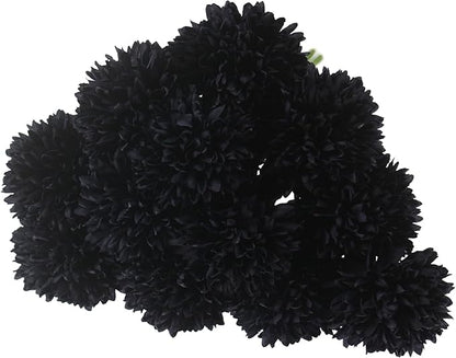Tinsow 12 Pcs Faux Ball Chrysanthemum Bouquet Black Flowers for Home Halloween Party Fall Harvest Festival Decoration (Black, 12)