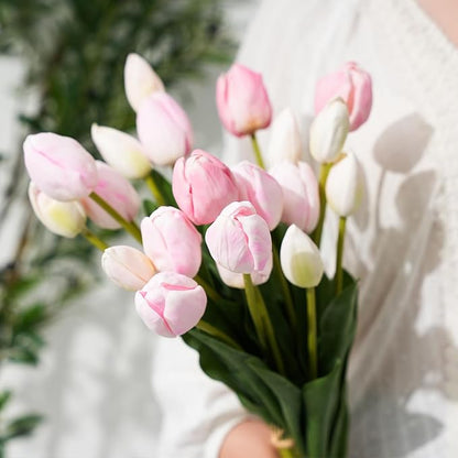 Real Touch Artificial Tulips, 20pcs Fake Tulip Flower Stem, PU Faux Tulip 19.7” for Mother's Day Easter Valentine's Gift, Home Decor Wedding, Table Centerpiece, Floral Arrangement, Light Pink