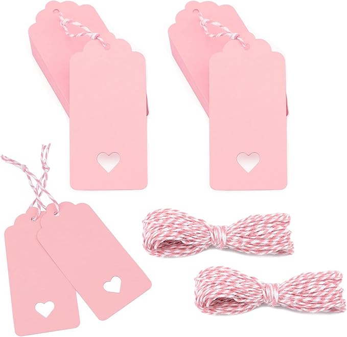 jijAcraft 100Pcs Gift Tags with String, Pink Paper Tag with Hollow Heart, 3.7 x 1.7Inch Mother Day Tags, Blank Gift Wrapping Hangtag, Party Favors Tag for Wedding, Birthday, Baby Shower