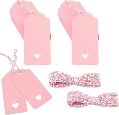 jijAcraft 100Pcs Gift Tags with String, Pink Paper Tag with Hollow Heart, 3.7 x 1.7Inch Mother Day Tags, Blank Gift Wrapping Hangtag, Party Favors Tag for Wedding, Birthday, Baby Shower