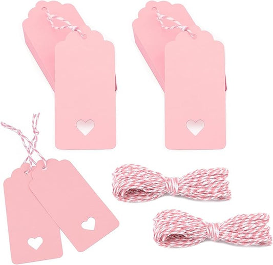 jijAcraft 100Pcs Gift Tags with String, Pink Paper Tag with Hollow Heart, 3.7 x 1.7Inch Mother Day Tags, Blank Gift Wrapping Hangtag, Party Favors Tag for Wedding, Birthday, Baby Shower