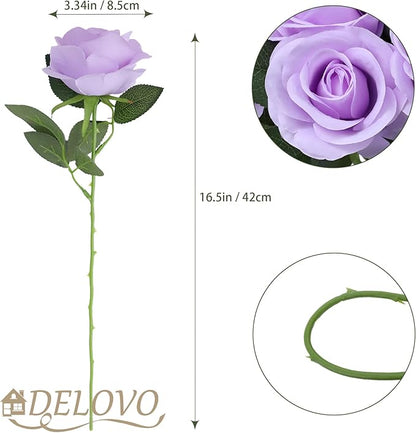 52pcs Lavender Roses Artificial Flowers Fake Flowers Silk Roses with Stems for DIY Wedding Bouquets Bridal Shower Centerpieces Arrangements Party Decorations