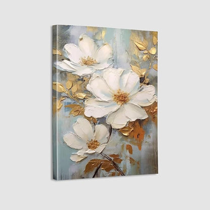Abstract White Flower Painting Canvas Wall Art With Gold Leaf Canvas Framed Art Wall Decor White Elegant Flower Modern Print Wall Art for Living Room Bedroom Home Decoration 12x16 inch