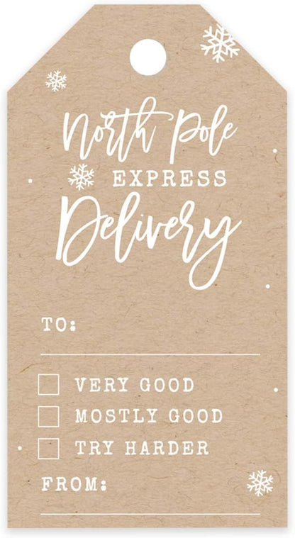 Andaz Press Kraft Brown Christmas Holiday Season Classic Gift Tags, North Pole Express Delivery to from Classic Favor Tags, Snowflake Design, for Holiday Events, Parties, and Favors, 60-Pack