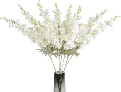 8PCS White Delphinium Artificial Flowers Larkspur Fake Flowers 33.5in Long Stem Faux Silk Flowers Bulk for Tall Vase for Home Wedding Floral Arrangement Centerpiece Table Decorations (White)