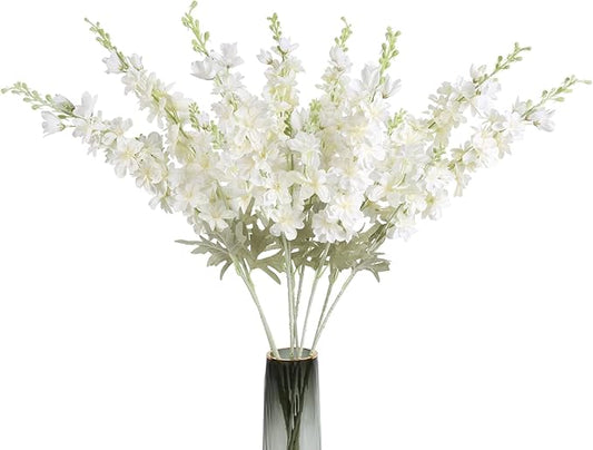 8PCS White Delphinium Artificial Flowers Larkspur Fake Flowers 33.5in Long Stem Faux Silk Flowers Bulk for Tall Vase for Home Wedding Floral Arrangement Centerpiece Table Decorations (White)