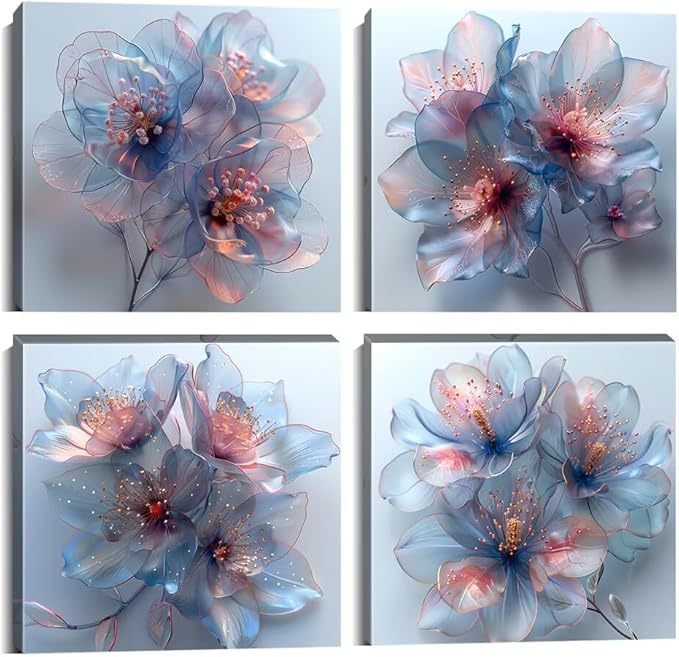 Pankila Abstract Flower Wall Art Blooming Flowers Pictures Canvas Prints Blue Pink Flower Wall Decor for Living Room Bedroom Bathroom Home Decorations Painting Framed Artwork (24''W x 24''H x 4)