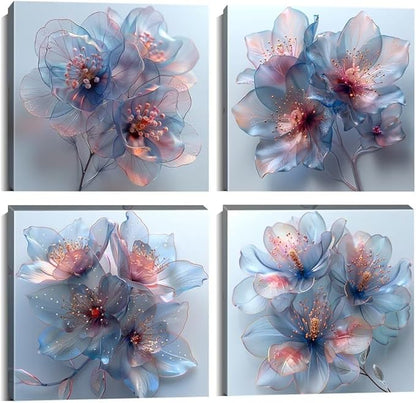 Pankila Abstract Flower Wall Art Blooming Flowers Pictures Canvas Prints Blue Pink Flower Wall Decor for Living Room Bedroom Bathroom Home Decorations Painting Framed Artwork (16''W x 16''H x 4)
