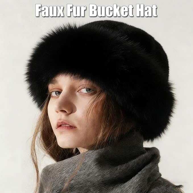 Faux Fur Bucket Hat, Winter Plush Fluffy Furry Mink Hats, Warm Thickened Fisherman Cap, Warm and Cute, Versatile for Winter - Black