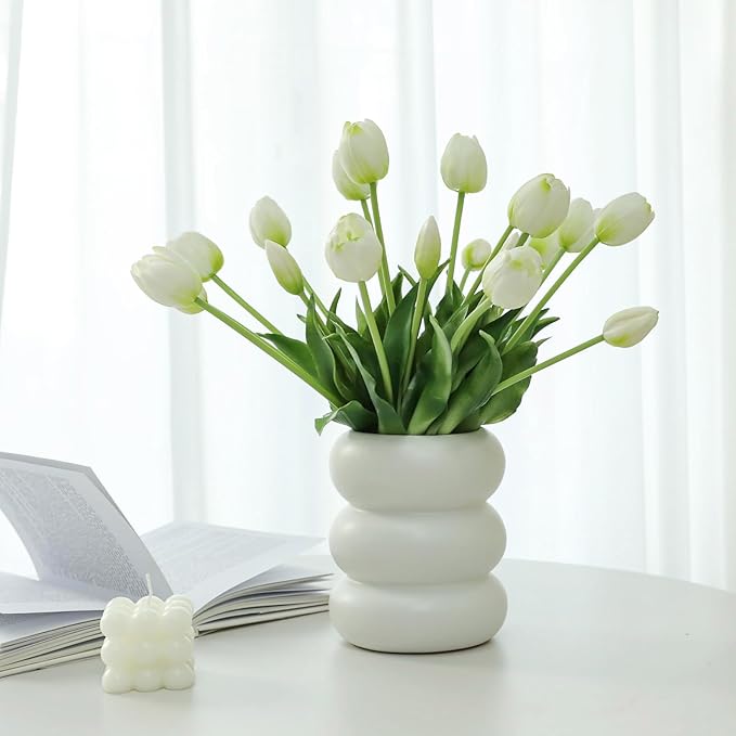 10PCS White Fake Tulips Artificial Flowers Real Touch Latex Faux Tulips UV Resistant Fake Flowers Bouquet for Table Home Decor Party Wedding Garden Decoration