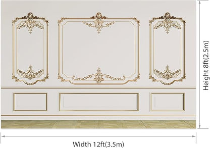 AOFOTO Vintage Room Inside Backdrop Modern French Classic Frame White Walls Gold Embossed Floral Photo Background Wedding Bridal Shower Reception Drama Portrait Photoshoot Backdrop Props 12x8ft