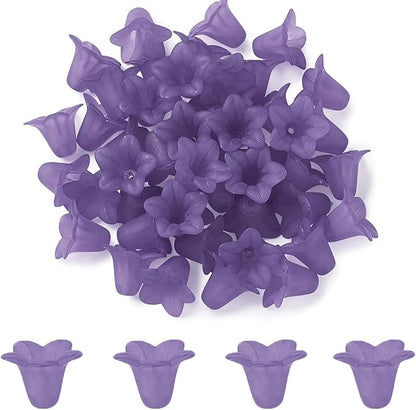 Crafans 50Pcs Frosted Acrylic Flower Beads Purple Flower Bead Caps Transparent Floral Pendants Clear Loose End Spacer Beads for Jewelry Making 17.5x12x1.5mm