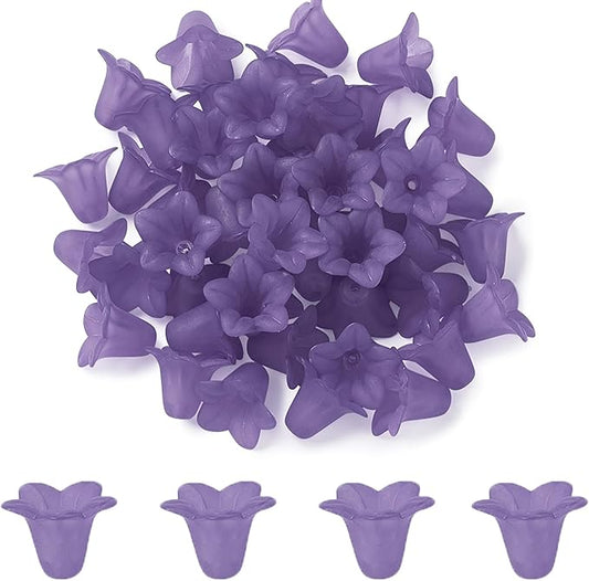 Crafans 50Pcs Frosted Acrylic Flower Beads Purple Flower Bead Caps Transparent Floral Pendants Clear Loose End Spacer Beads for Jewelry Making 17.5x12x1.5mm