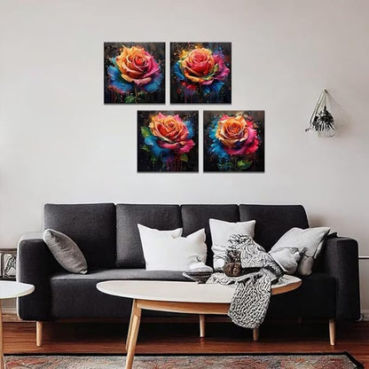 Pankila Colorful Rose Wall Art Floral Pictures Canvas Prints Abstract Rose Flower Wall Decor for Living Room Bedroom Bathroom Home Decorations Framed Artwork Ready to Hang (24''W x 24''H x 4)