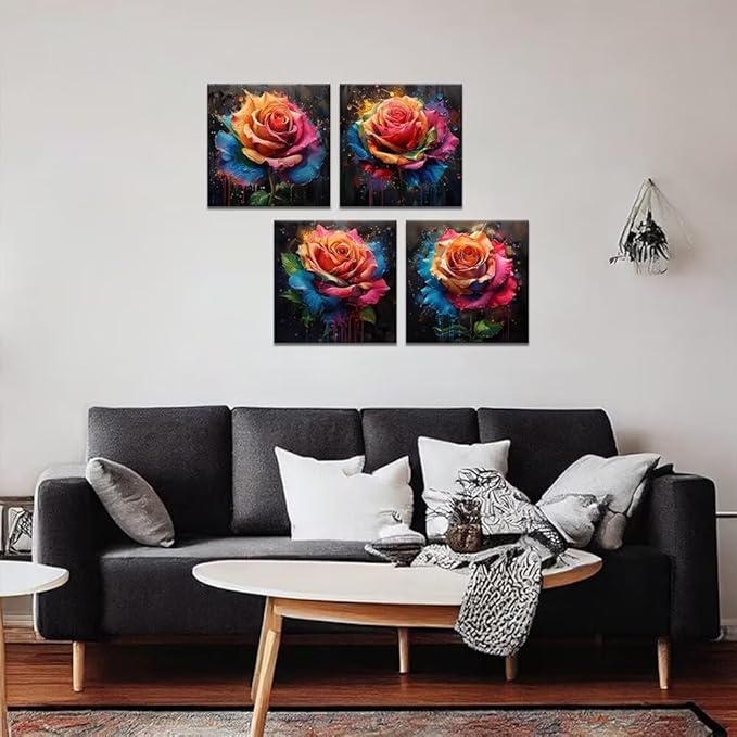 Pankila Colorful Rose Wall Art Floral Pictures Canvas Prints Abstract Rose Flower Wall Decor for Living Room Bedroom Bathroom Home Decorations Framed Artwork Ready to Hang (16''W x 16''H x 4)