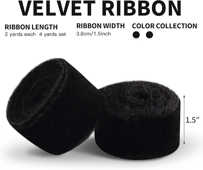 Velvet Ribbon for Gift Wrapping Black Handmade Fringe Ribbons for Crafts Bouquet Halloween Decorations 2 Rolls 1 1/2 Inch x 2 Yd (4 Yards Total)
