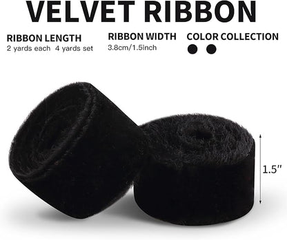 Velvet Ribbon for Gift Wrapping Black Handmade Fringe Ribbons for Crafts Bouquet Halloween Decorations 2 Rolls 1 1/2 Inch x 2 Yd (4 Yards Total)
