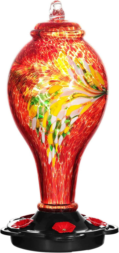LUJII Hummingbird Feeders for Outdoors, Hand Blown Glass, Never Fade, 36 Fluid Ounces, 5 Feeding Stations, Much Bigger, Garden Backyard Decorative, Containing Ant Moat (Red)