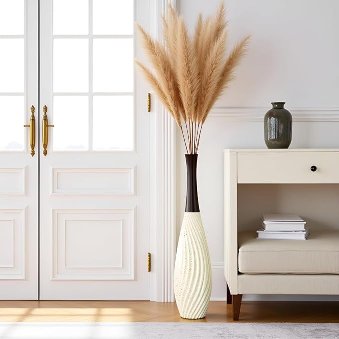 23.6 Inch Cream Tall White Vases – Brown Neck Teardrop Vase with Textured Vertical Lines & Speckled Finish, Decorative Floor Vase for Living Room, Wedding, Boho Home Decor – Resin Tall Vases