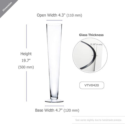 WGV Trumpet Glass Vase, Open 4", Height 20", (Multiple Sizes Choices) Clear Tall Pilsner Floral Planter Container Centerpiece, Wedding Event Home Decor, 1 Piece (VTV0420)
