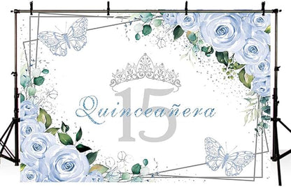 SENDY 7x5ft Quinceañera Backdrop Mis Quince 15 Anos Birthday Party Decoration Supplies for Girl Princess Blue Floral Butterfly Silver Crown Photography Background Banner Photo Booth Studio Props