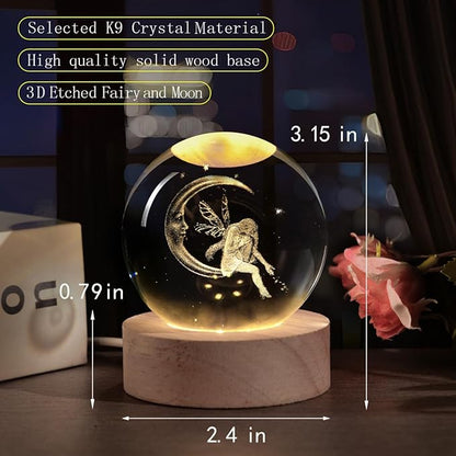 3D Fairy Crystal Ball with LED Stand, Fairies Figurines Lamp Night Light, Fairy Moon Decor Glass Sphere Balls Gifts for Women Girls Mom Kids(60mm)