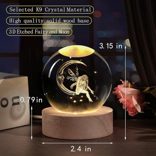 3D Fairy Crystal Ball with LED Stand, Fairies Figurines Lamp Night Light, Fairy Moon Decor Glass Sphere Balls Gifts for Women Girls Mom Kids(60mm)