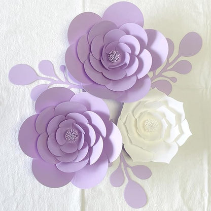 3D Party Paper Flower Decorations Need Assembled Artificial Paper Flower Decorations with Leaves Wall Backdrop Decor (White Purple Set) Wedding Bridal Nursery Baby Shower Decor Wall Flowers Decor
