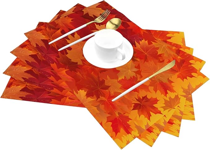 PVC Placemats Set of 4 Wipeable Table Mats Washable Heat Resistant Non Slip Vinyl Dining Table Mat for Kitchen Indoor Outdoor Patio Farmhouse Place Mats Orange Thanksgiving Maple Decorative