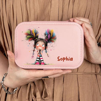 callie Personalized Quirky Girl Jewelry Box - Custom Name & 15 Pattern, 2 Layer PU Leather Travel Makeup Box Organizer Case, Birthday Christmas Gift for Women Girls