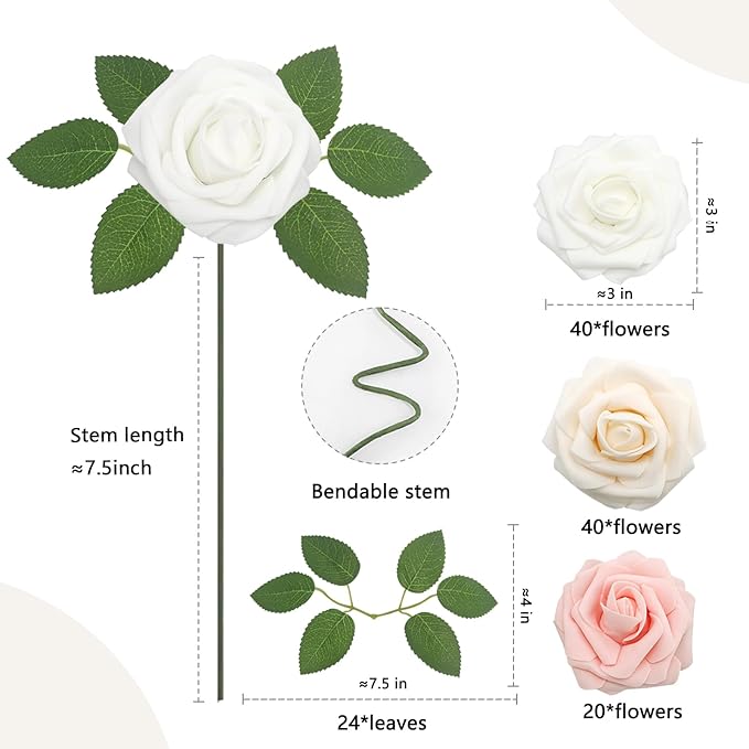 100PCS Artificial Flowers Champagne/Pink/White Roses Real Looking Foam Fake Roses with Leaves and for DIY Wedding Bouquets Bridal Shower Centerpieces Party Decorations