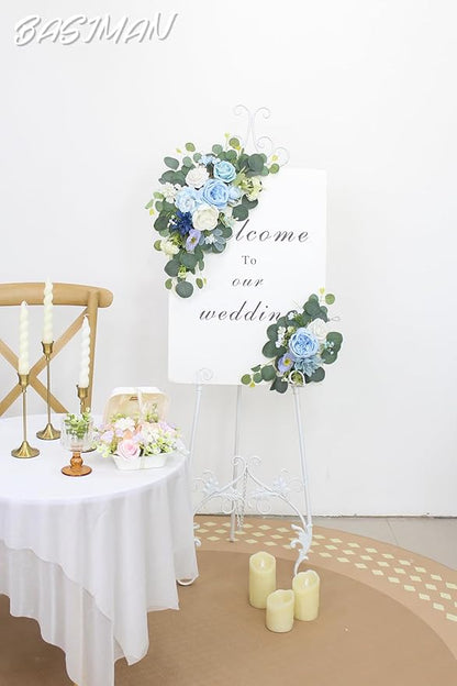 2pcs Wedding Arch Flowers,Wedding Artificial Sign Flower,Welcome Easel Door Decor Wall swags for Reception Backdrop Table Decorations Welcome Sign (Baby Blue)